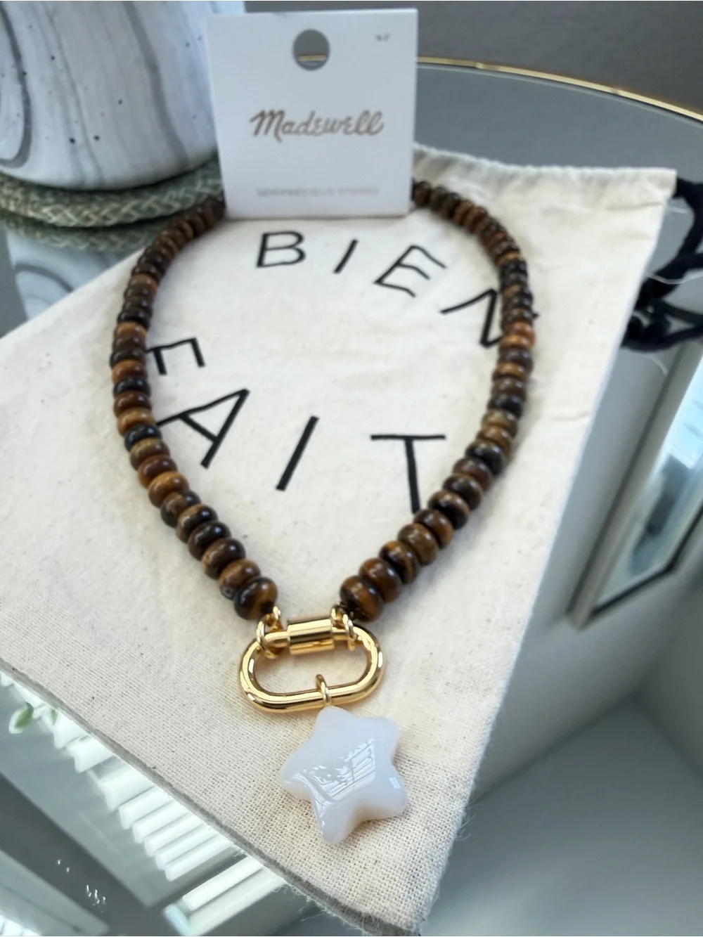 Madewell Semiprecious Stone Beaded Necklace Star Charm Gold NWT - Picture 1 of 4